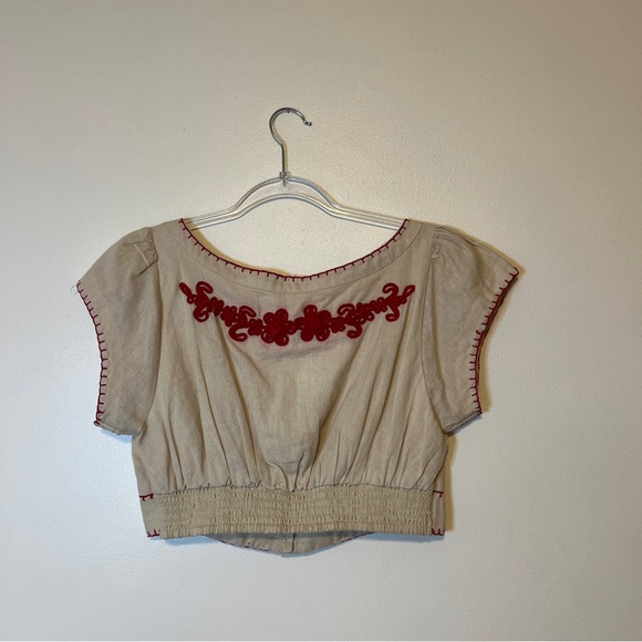 Free People Wild at Heart Crop Top Buttoned Embroidered Beige Red Small Top - Picture 3 of 6